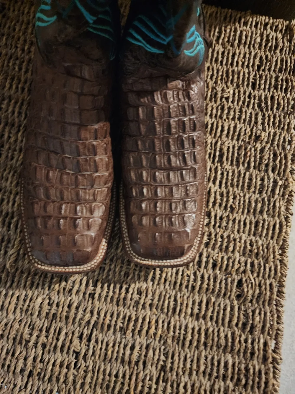 Brown Crocodile-Embossed Western Boots with Turquoise Stitching
